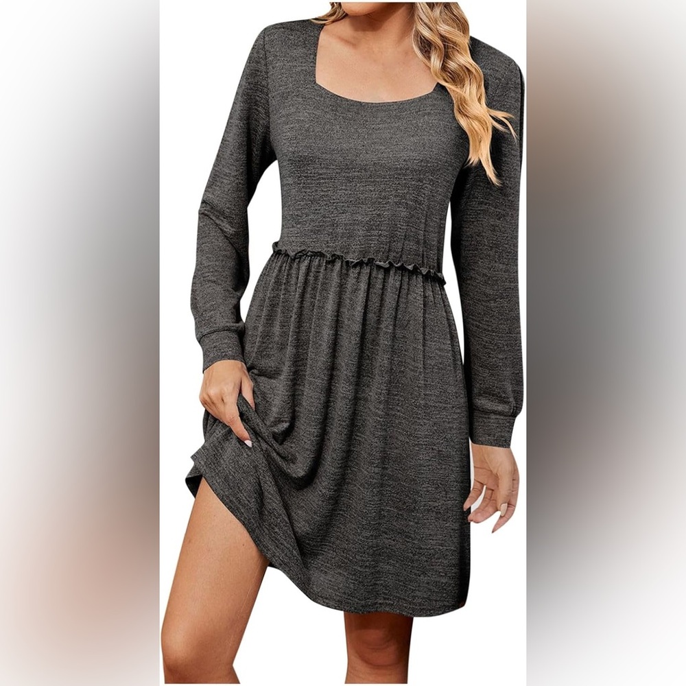 NWT Gray Square Neck Long Sleeve Sweater Dress Ruffle Waist Sz Small